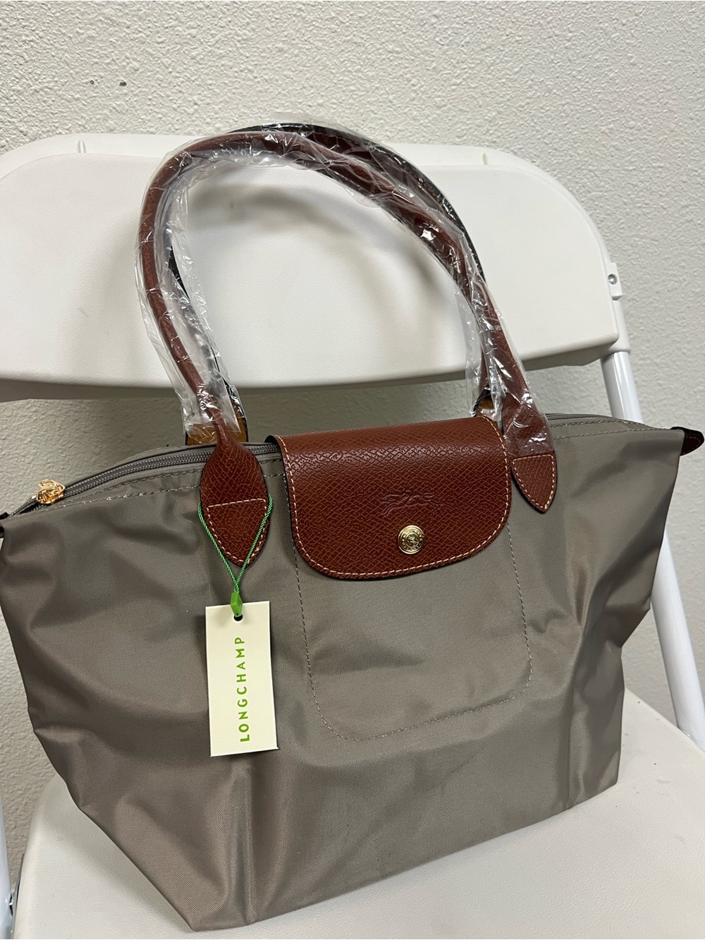 Longchamp Medium Grey Tote with Brown Leather Trim